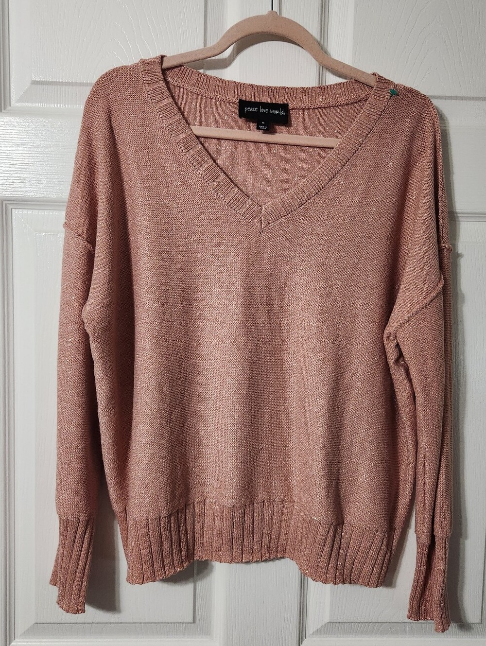 Peace Love World Blush Pink Metallic V-Neck Knit Sweater, Size M